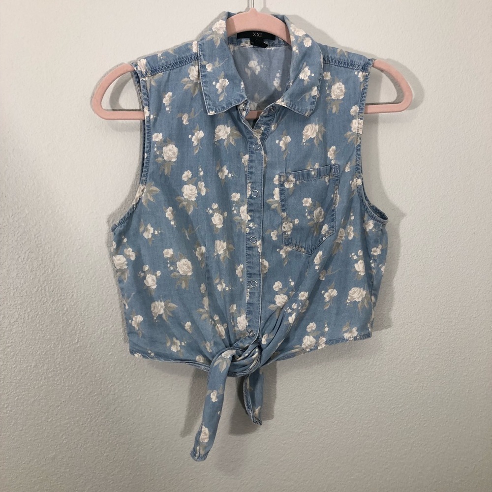 Floral Print Denim Waist-Tie Crop Top